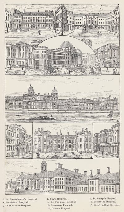 Hôpital Saint-Barthélemy, Hôpital Guy, Hôpital Saint-Georges, Hôpital de Bethléem, Hôpital Saint-Thomas, Hôpital de Greenwich, Hôpital de Westminster, Hôpital de Brompton, Hôpital du King