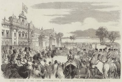 Ouverture officielle de la Grande Exposition, Sa Majesté quittant le palais de Buckingham (gravure) - English School