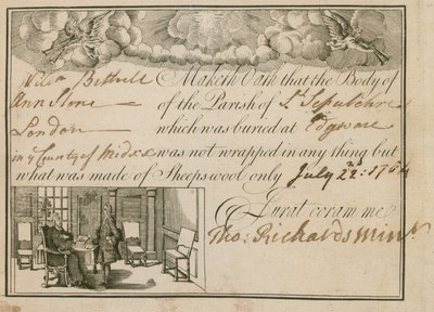Déclaration que Ann Slone a été enterrée dans de la laine de mouton, 1784 - English School