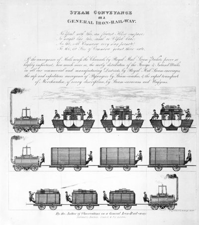 Transport à vapeur sur une voie ferrée générale, 1825 (gravure) - English School