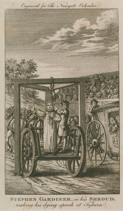 Stephen Gardiner dans son linceul prononçant son dernier discours à Tyburn (gravure) - English School
