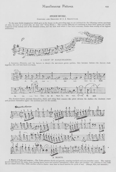Histoires racontées en partition représentant des notes comme des personnes (gravure) - English School