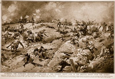 Assaut du redoute de Schwaben : reddition de la ligne de front allemande alors que les Britanniques balayaient le sommet, 1914-19 - English School