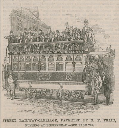 Voiture de chemin de fer de rue, brevetée par G F Train, en service à Birkenhead - English School