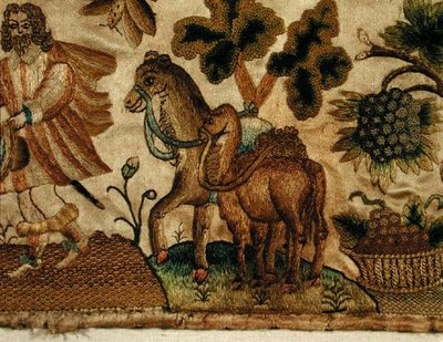 Broderie représentant une scène biblique, c.1650 (détail) - English School