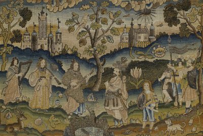 Broderie en relief avec scène de cinq musiciens dans un jardin avec arbre, milieu du XVIIe siècle - English School