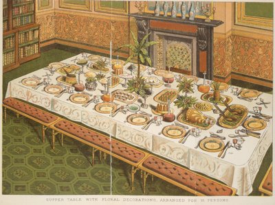 Table de souper avec décorations florales, arrangée pour 16 personnes, de 