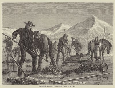 Paysans suédois "prospectant" le minerai du lac (gravure) - English School