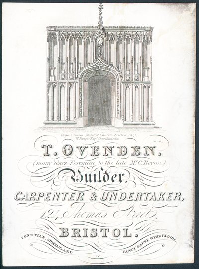 T Ovenden, constructeur, charpentier et entrepreneur de pompes funèbres, carte de visite - English School