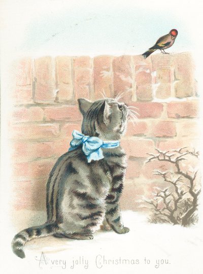 Chat tigré regardant un pinson sur le mur, Carte de Noël - English School