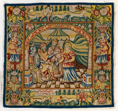 Housse de coussin en tapisserie représentant Suzanne devant le Juge (une des six tapisseries Sheldon, comprenant 47.9 à 47.14), fabriquée à Sheldon, Angleterre, si authentique - English School