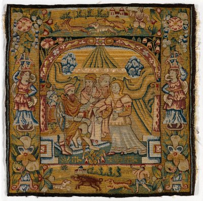 Housse de coussin en tapisserie représentant Suzanne devant le Juge, fabriquée à Sheldon, Angleterre, après 1600 - English School