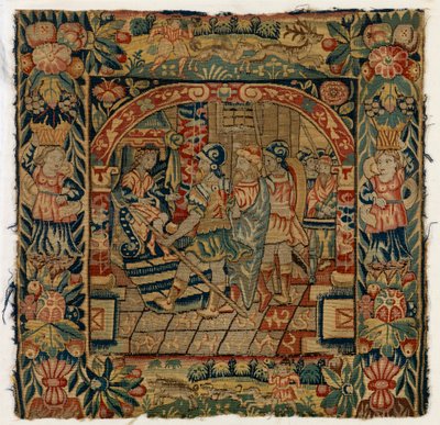 Housse de coussin en tapisserie représentant Les Anciens devant Daniel, fabriquée à Sheldon, Angleterre, après 1600 - English School