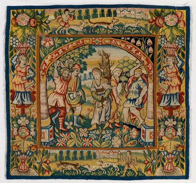 Housse de coussin en tapisserie représentant La Lapidation des Anciens (une des six tapisseries Sheldon, comprenant 47.9 à 47.14), fabriquée à Sheldon, Angleterre, si authentique - English School