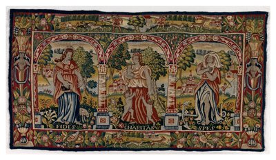 Long coussin de tapisserie représentant Foi, Espérance et Charité, fabriqué à Sheldon, Angleterre, fin du 16ème siècle - English School