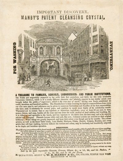 Temple Bar, Londres. Publicité pour le cristal de nettoyage breveté de Manby - English School
