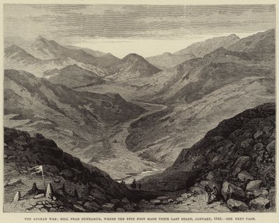 La guerre afghane, colline près de Gundamuk, où le 44e régiment a fait sa dernière résistance, janvier 1842 (gravure) - English School