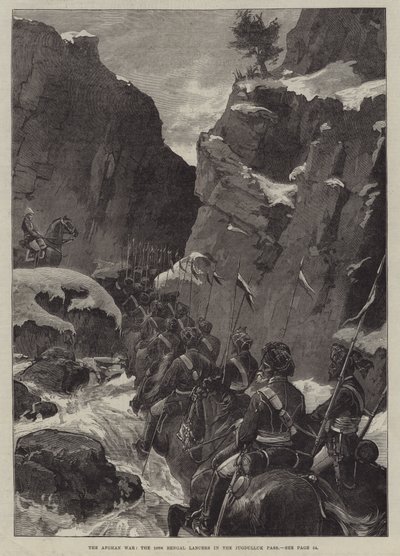 La guerre afghane, les 10e lanciers du Bengale dans le col de Jugdulluk (gravure) - English School