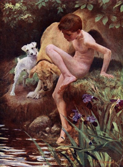 Les baigneurs - garçon et chiens nageant - English School