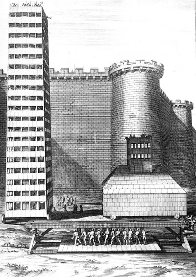 La tour de brique et le musculus au siège de Marseille, gravé par Cornelis Huyberts, illustration des Commentaires de César traduit en anglais par William Duncan, publié en 1753 - English School