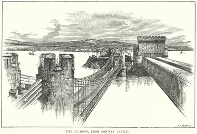 Les ponts, depuis le château de Conway (gravure) - English School