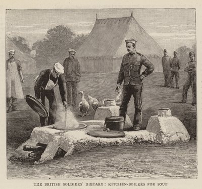 Le régime alimentaire des soldats britanniques, chaudières de cuisine pour la soupe (gravure) - English School