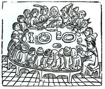 Les pèlerins de Canterbury prenant un repas partagé, illustration des 