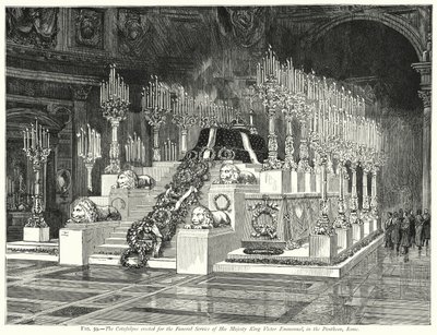 Le catafalque érigé pour le service funèbre de Sa Majesté le roi Victor Emmanuel, au Panthéon, Rome (gravure) - English School