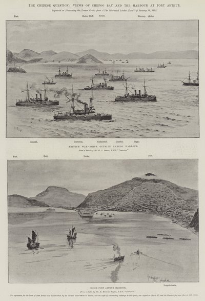 La question chinoise, vues de la baie de Chefoo et du port de Port Arthur (lithographie) - English School