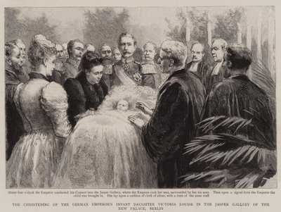 Le baptême de la fille du Kaiser allemand, Victoria Louise, dans la galerie de jaspe du nouveau palais, Berlin (gravure) - English School