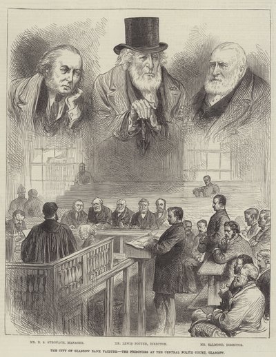 La faillite de la banque de la ville de Glasgow, les prisonniers au tribunal de police central, Glasgow (gravure) - English School