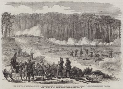 La guerre civile en Amérique, avance des tirailleurs des Bucktail Rifles sur la position confédérée à Drainsville, Virginie (gravure) - English School