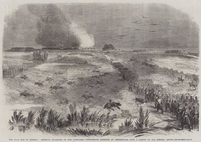 La guerre civile en Amérique, les fédéraux avançant sur les positions confédérées abandonnées à Centreville (gravure) - English School