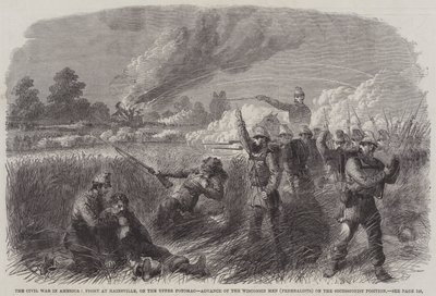 La guerre civile en Amérique, combat à Hainsville, sur le haut Potomac, avance des hommes du Wisconsin (fédéralistes) sur la position sécessionniste - English School