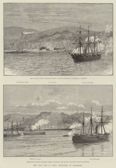 La guerre civile au Chili, hostilités à Valparaiso (gravure) - English School