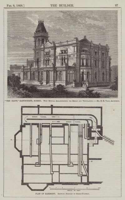 "The Cliff," Eastbourne, Sussex, avec arrangements spéciaux pour la fumée et la ventilation (gravure) - English School