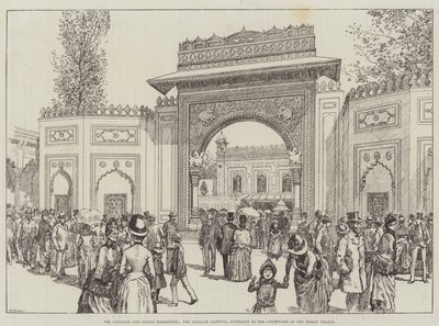 Exposition coloniale et indienne, la porte de Gwalior, entrée de la cour du palais indien (gravure) - English School