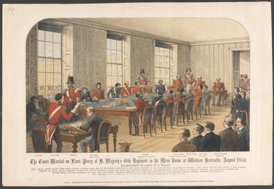 La cour martiale du lieutenant Perry du 46e régiment de Sa Majesté, dans la salle des mess à la caserne de Windsor, août 1854 - English School