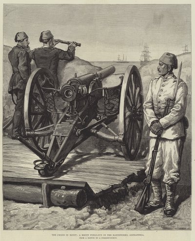 La crise en Égypte, un canon de campagne Krupp dans les travaux de terrassement, Alexandrie - English School