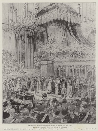 Le couronnement de la reine des Pays-Bas, Sa Majesté prêtant serment (gravure) - English School