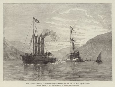 Le navire-cylindre Cléopâtre quittant Ferrol remorqué par le remorqueur Anglia (gravure) - English School