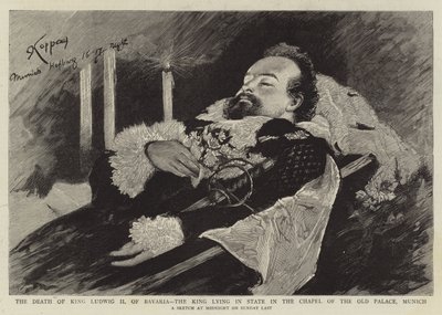 La mort du roi Louis II de Bavière, le roi en état dans la chapelle du vieux palais, Munich (gravure) - English School