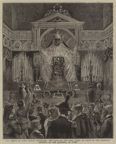 La mort du roi Victor Emmanuel, le corps du roi exposé dans la chapelle ardente du Quirinal, à Rome - English School