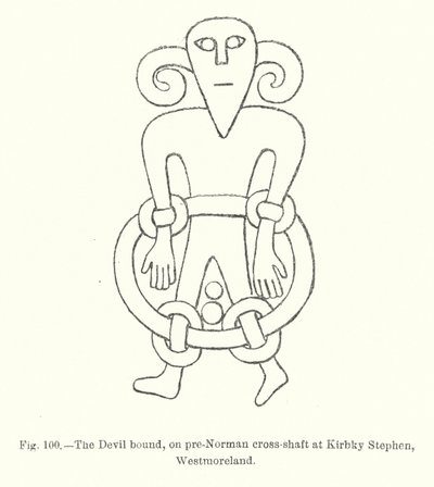 Le Diable lié, sur le fût de croix pré-normande à Kirbky Stephen, Westmoreland (gravure) - English School