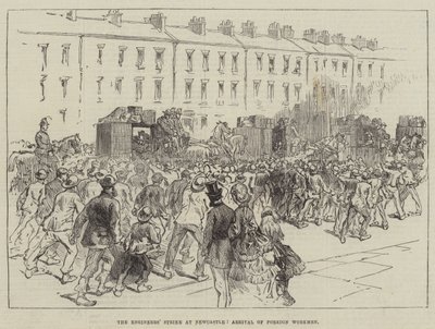 La grève des ingénieurs à Newcastle, arrivée des ouvriers étrangers (gravure) - English School
