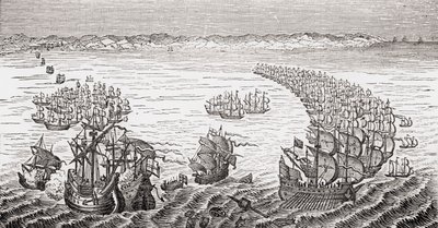 La flotte anglaise, commandée par Sir Francis Drake, attaquant l