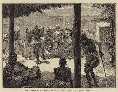 La famine au Bengale, arrivée des secours dans un village en détresse - English School
