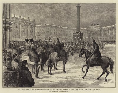Les festivités à Saint-Pétersbourg, revue des troupes de garnison par le tsar devant le prince de Galles - English School
