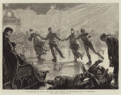 Les festivités en Russie, la fête royale patinant sur le quai anglais, Saint-Pétersbourg (gravure) - English School