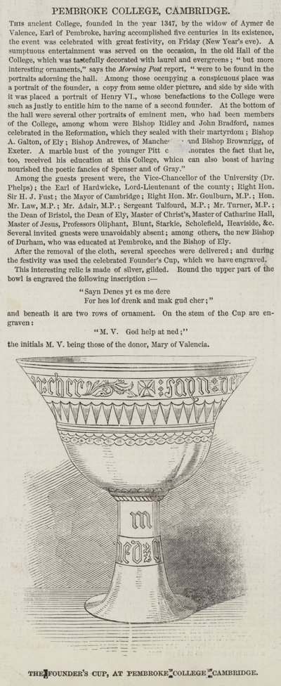 La coupe du fondateur, au Pembroke College, Cambridge (gravure) - English School
